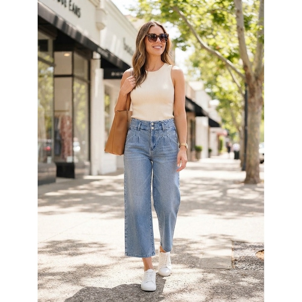 NWOT Risen Los Angeles Pleated Wide Leg Crop Jeans Size 11/30 High Rise Denim